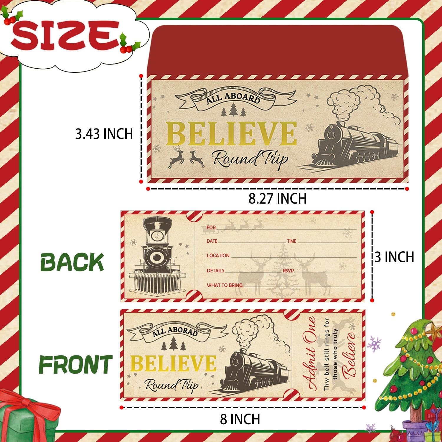 Well Tile 30 Set Christmas Ticket Invitations with Envelopes 3x8 Inch