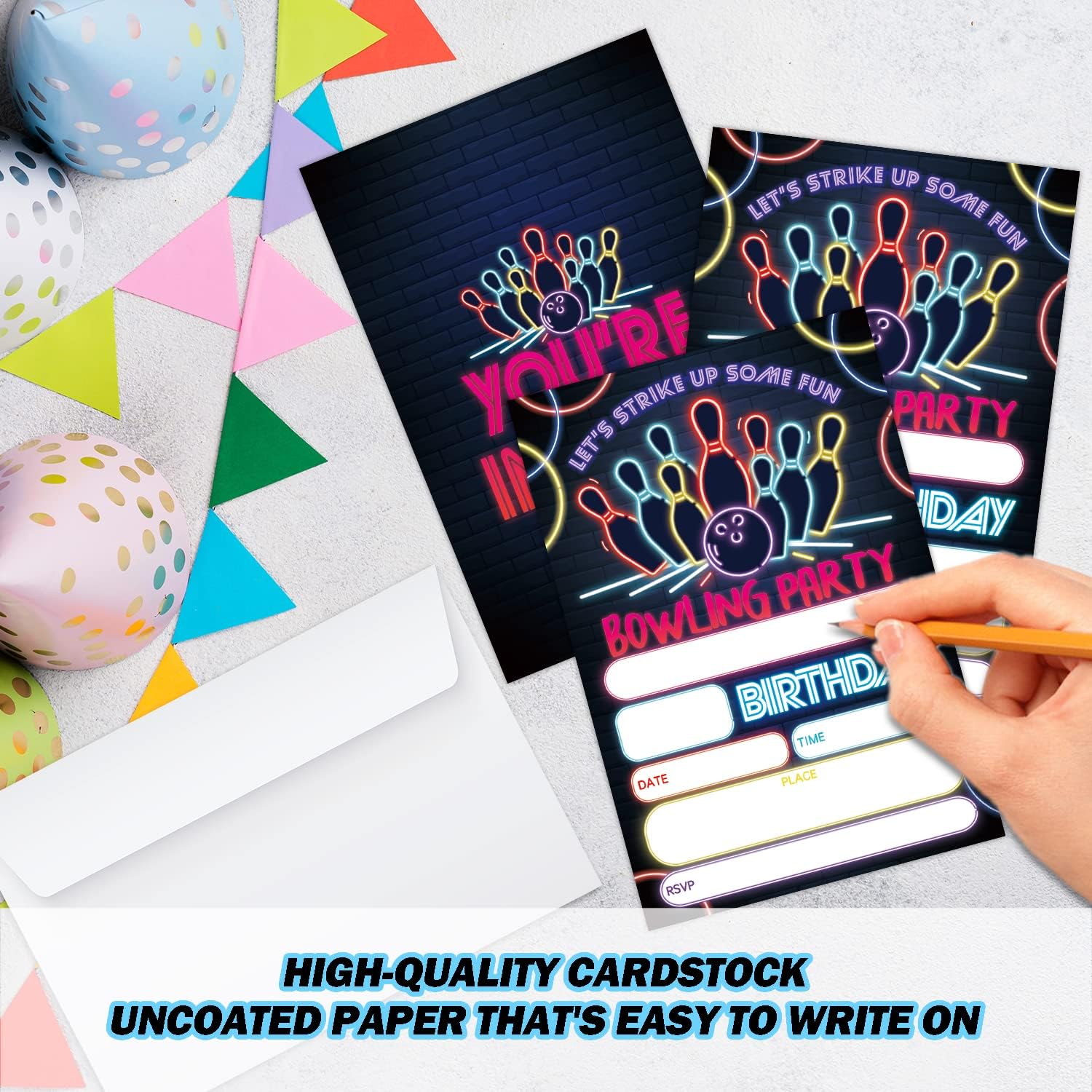Glow Bowling Birthday Invitations with Envelopes 20 Sets
