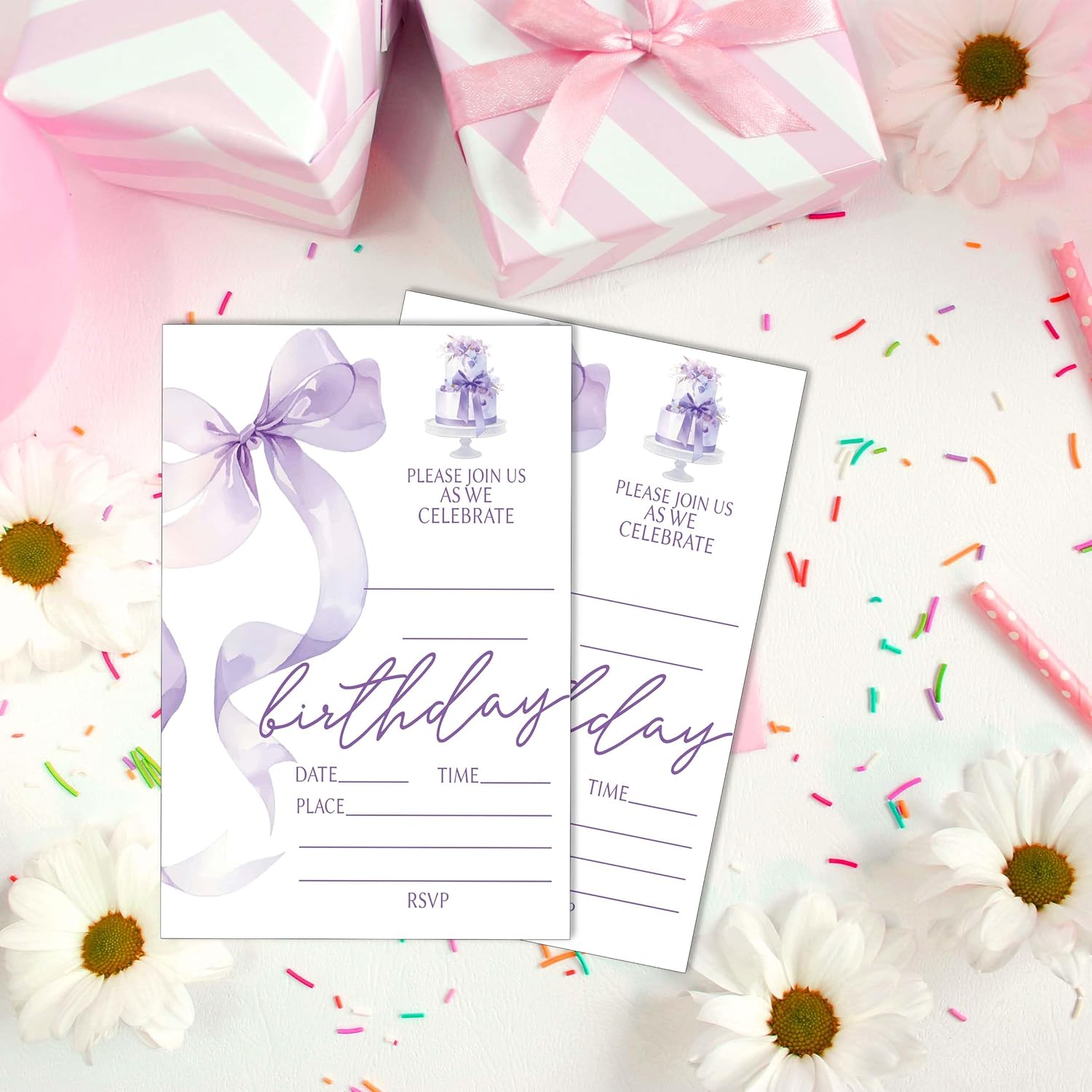 Eronm Purple Bow Birthday Invitations 20 Pack