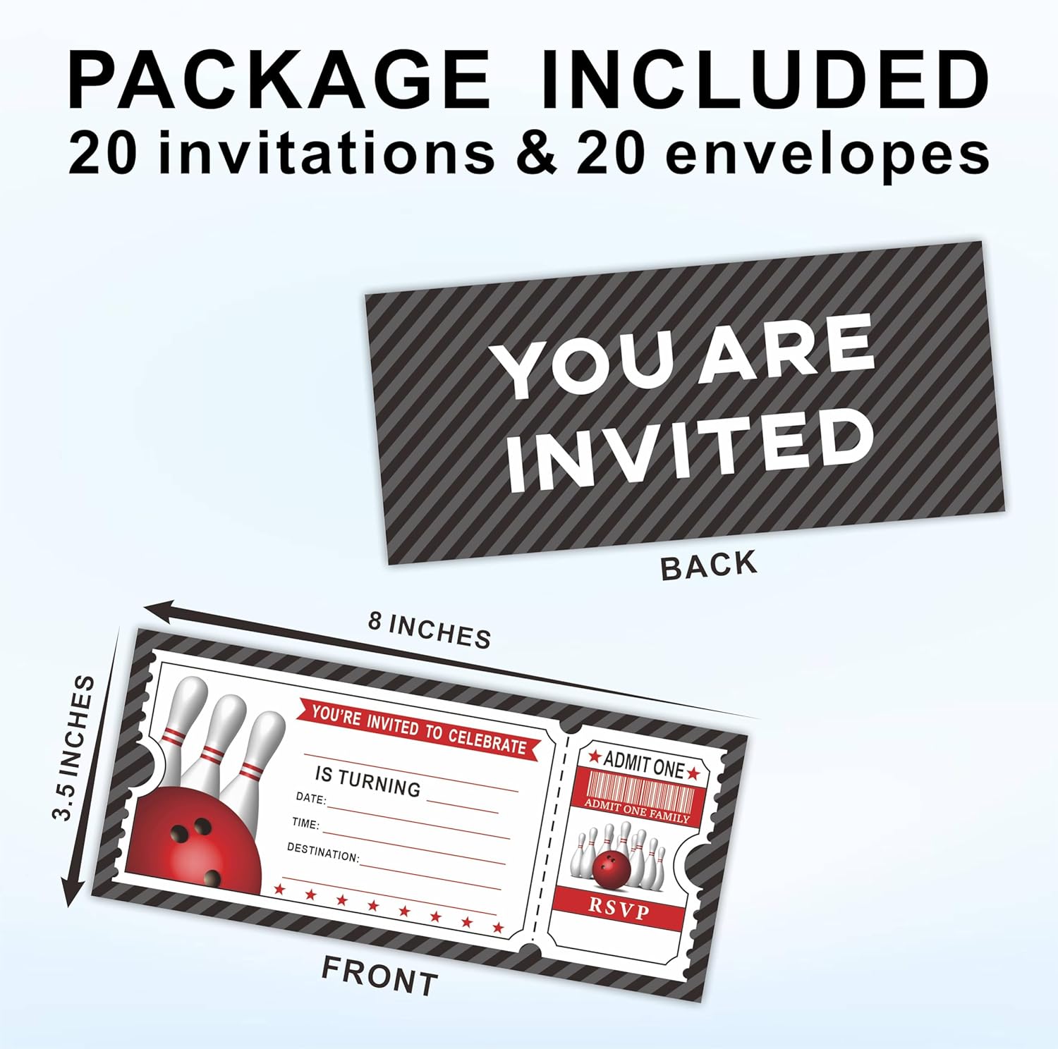 20 Bowling Birthday Invites With Envelopes Double-Sided