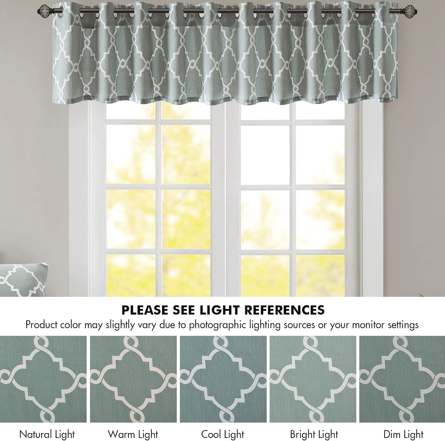 Madison Park Saratoga Fretwork Print Valance Swags 50x18 Seafoam White