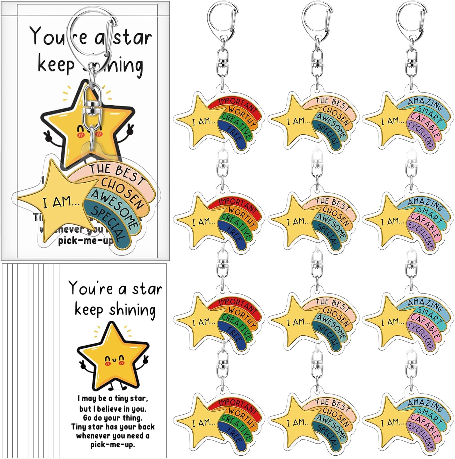 Henoyso 12 Sets Star Keychain Bulk with Motivational Words