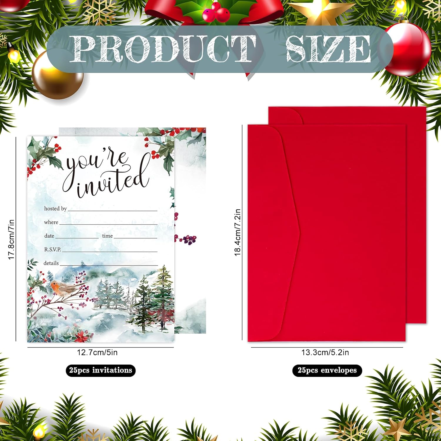 Whaline 25 Pack Christmas Party Invitation Cards with Dark Red Envelopes