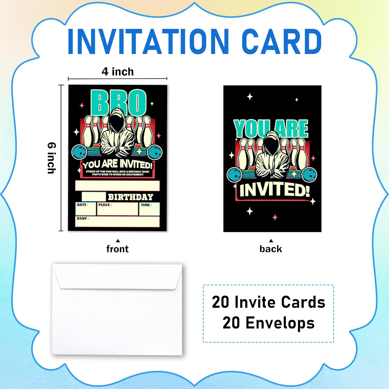 Glow Neon Bowling Birthday Invites Set of 20