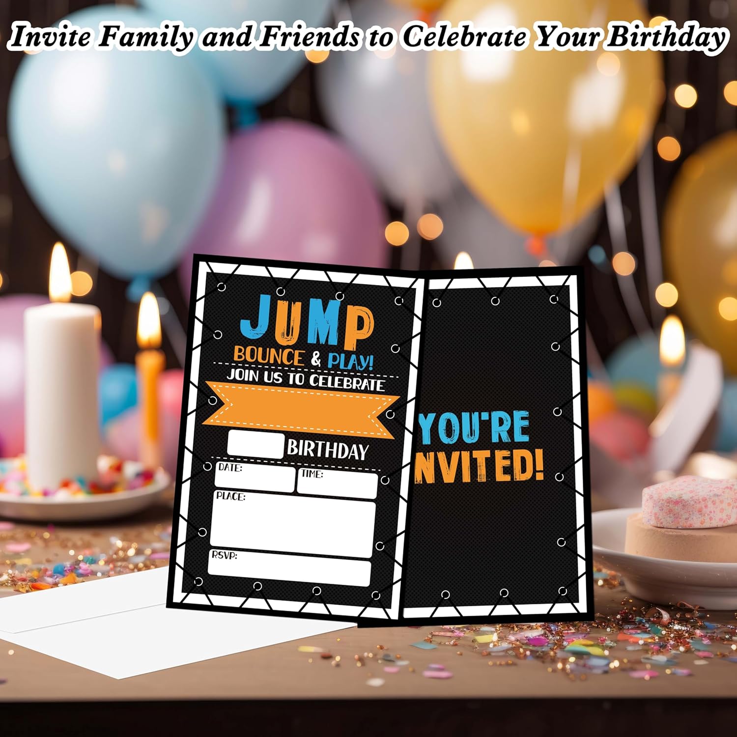 Trampoline Jump Birthday Invites for Boys - 20 Cards with Envelopes