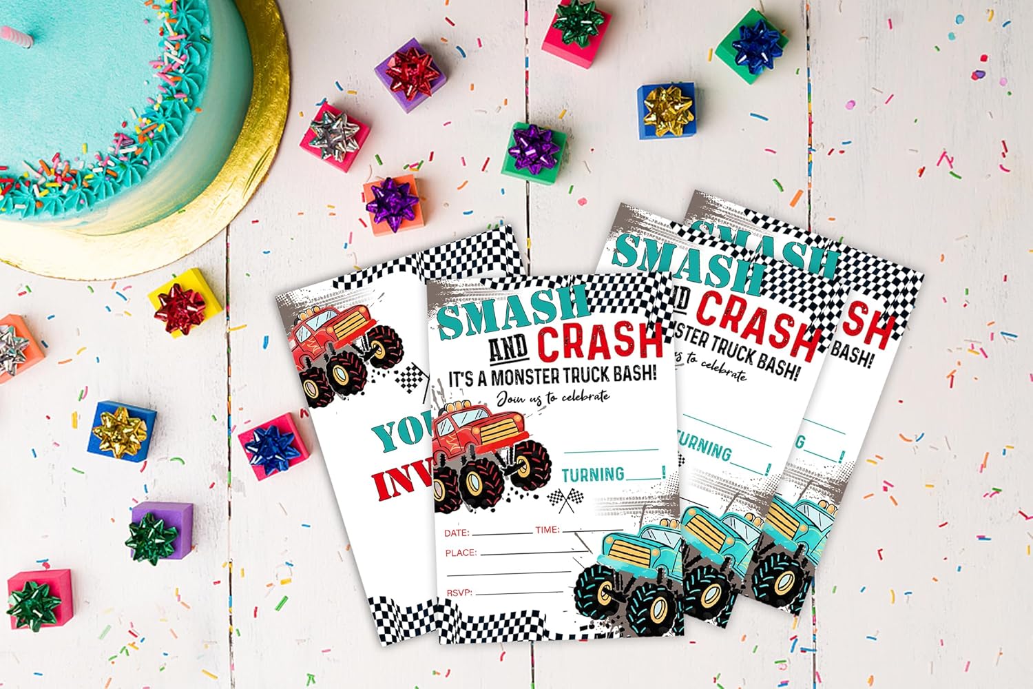 20 Pcs Monster Truck Birthday Invitations with Envelopes