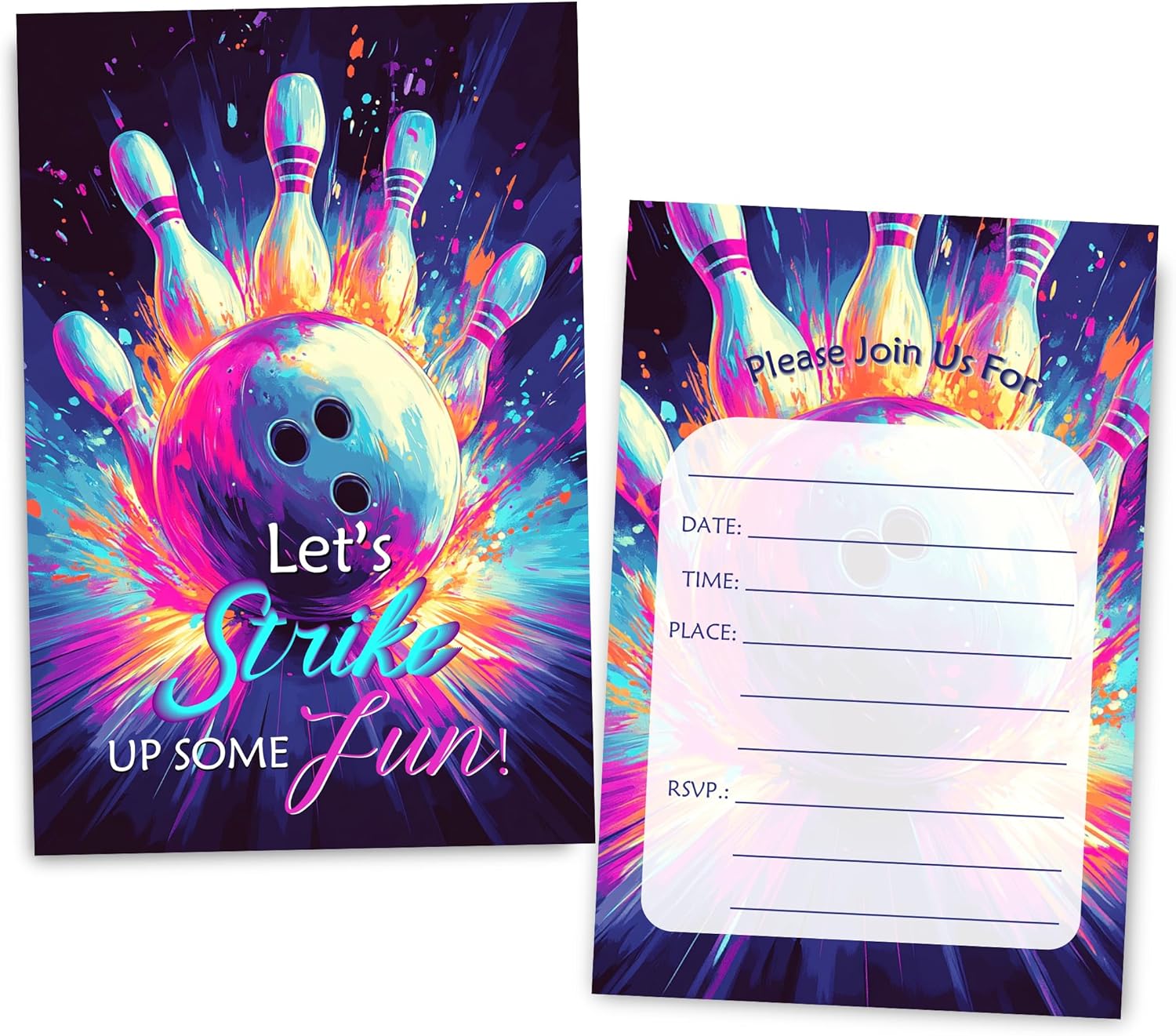 Bowling Birthday Invites Neon Design 30 Sets with Envelopes