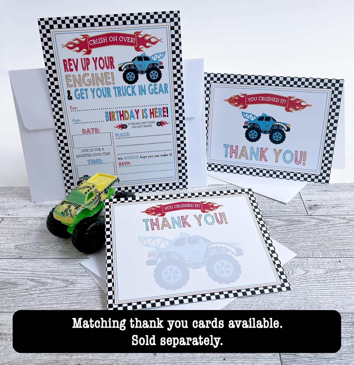 Monster Truck Birthday Invitations Set of 15 with Envelopes