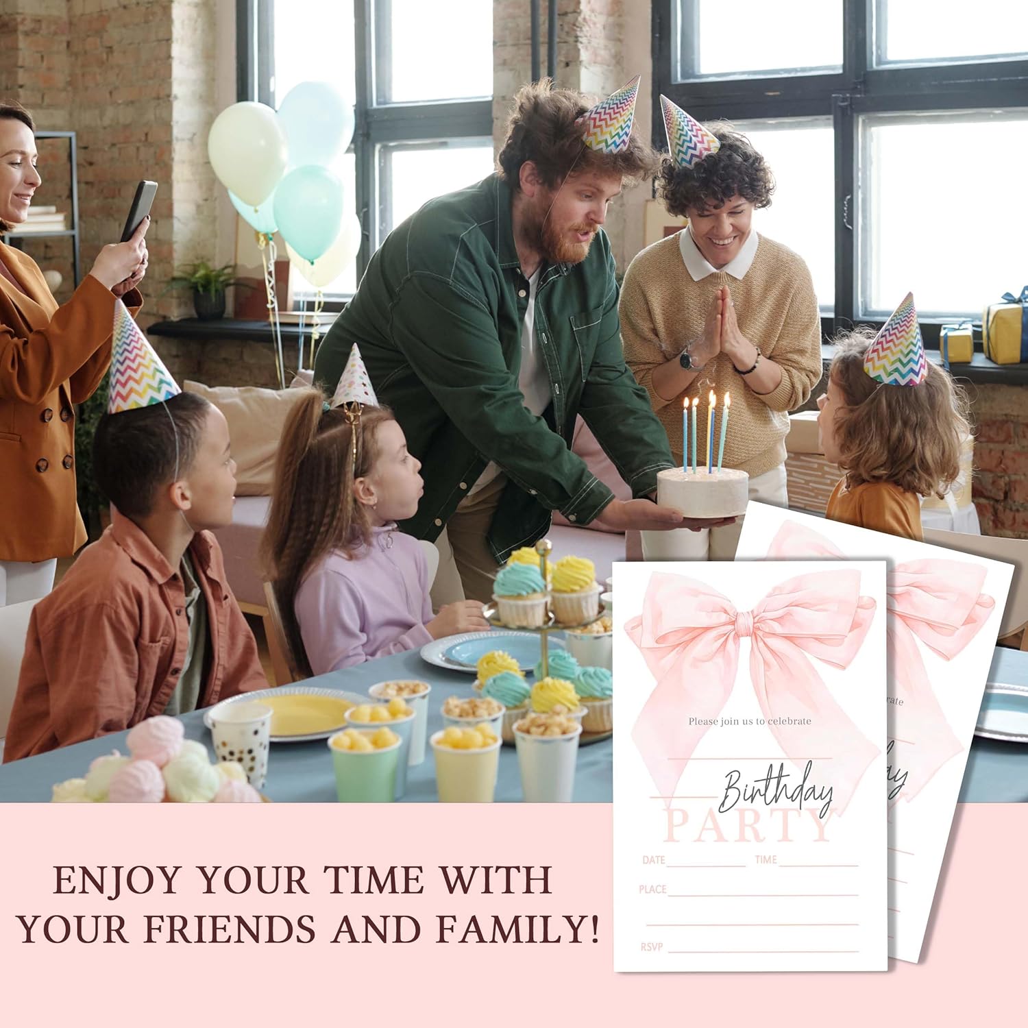 20 Pink Bow Birthday Invitations with Envelopes