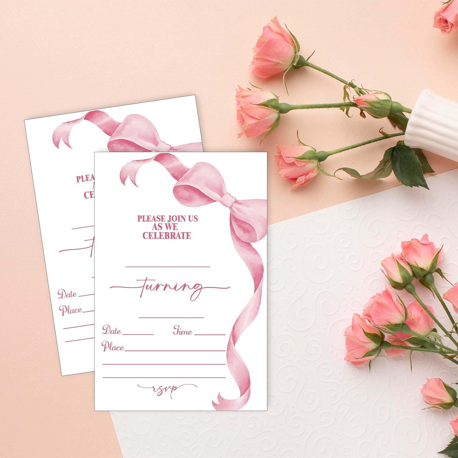 Pink Bow Birthday Party Invitations 20pcs with Envelopes