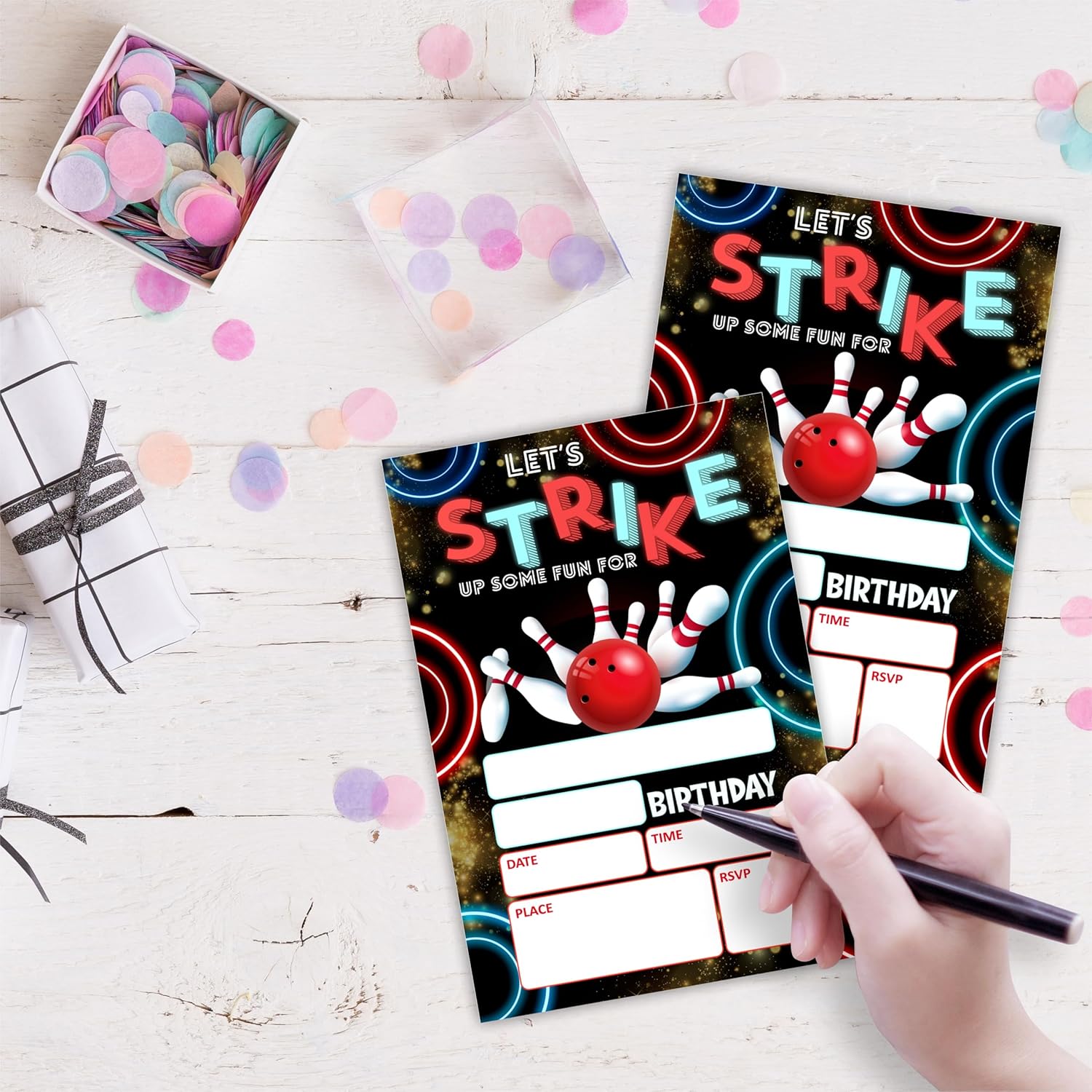 Neon Bowling Birthday Invites Set Of 20 With Envelopes