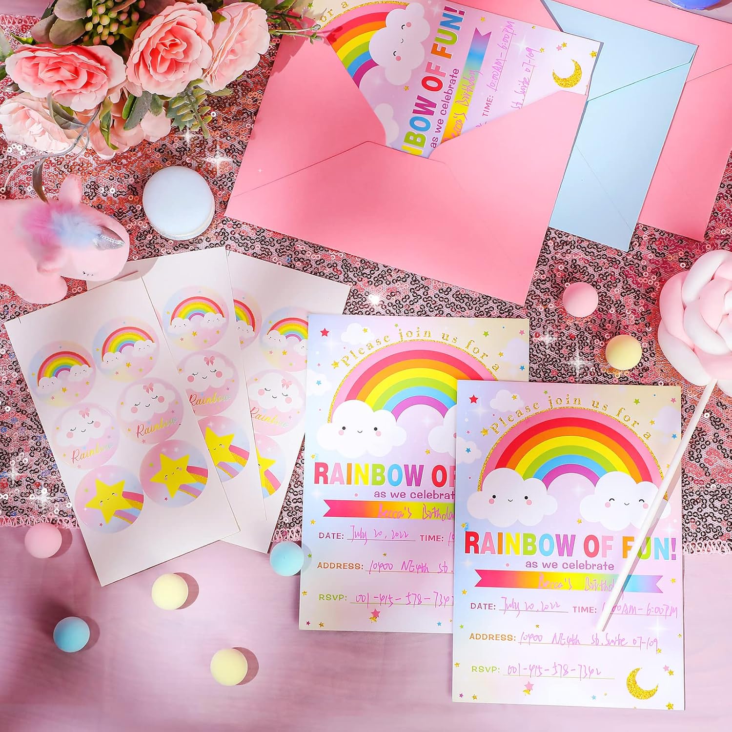 24 Piece Rainbow Party Invitation Set with Envelope and Sticker