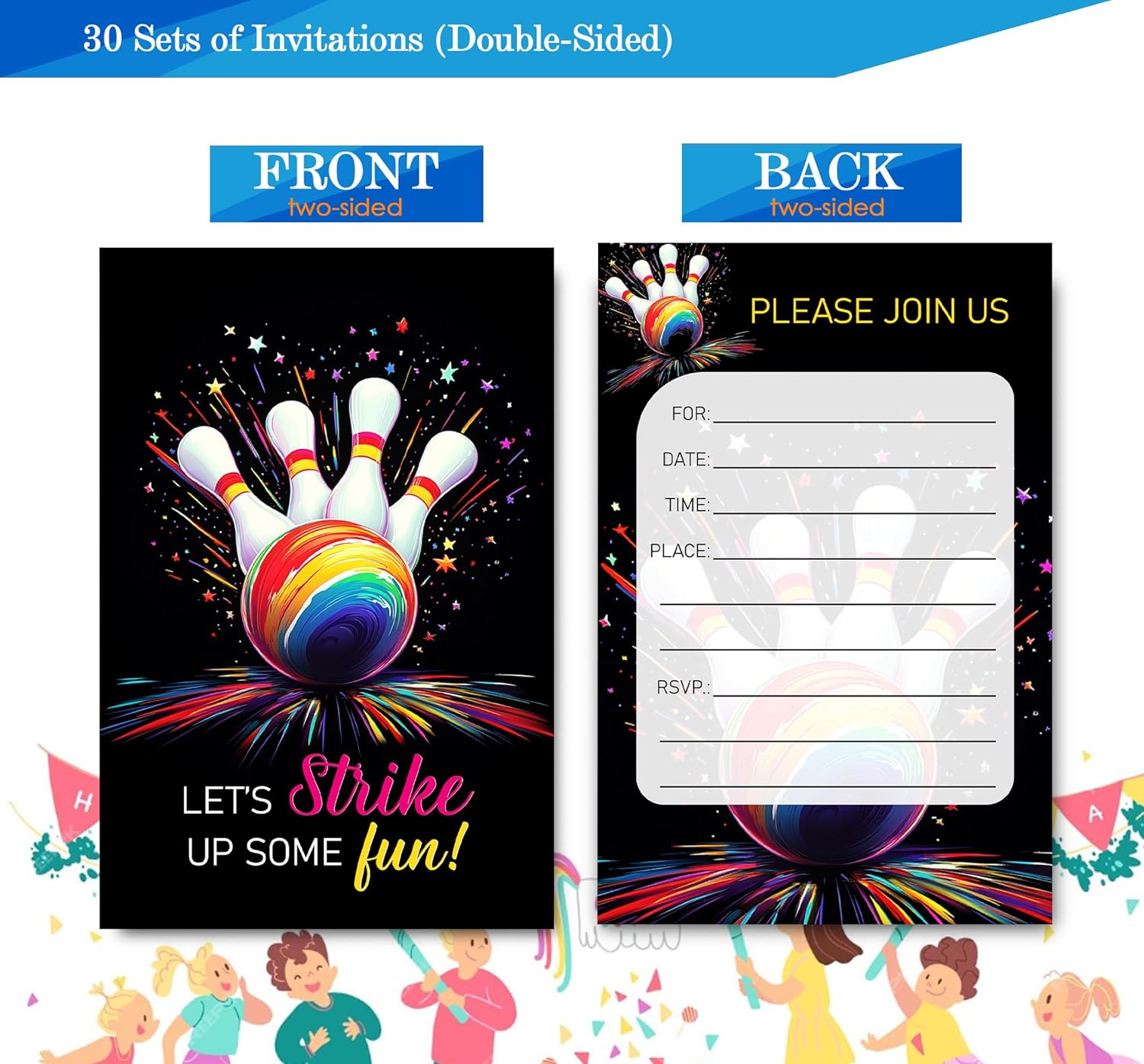 Bowling Birthday Invitations for Boys Girls 30 Sets 4x6 Inches