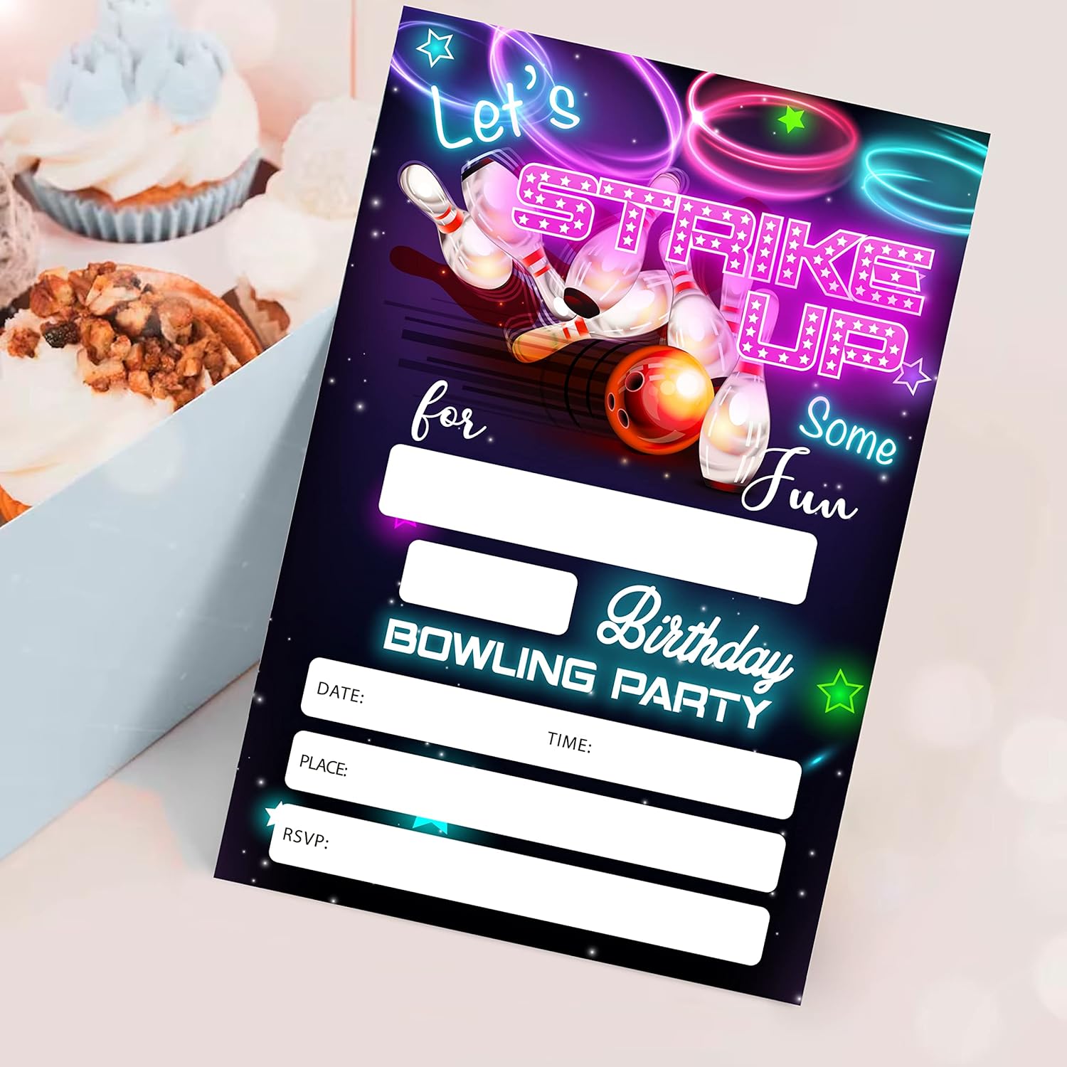 Neon Glow Bowling Birthday Invitations - Pack of 20 Cards with Envelopes