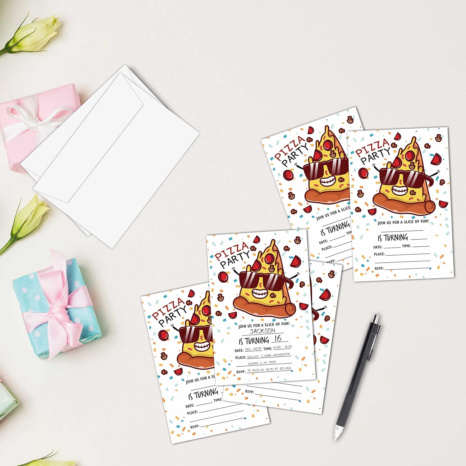 Pizza Party Birthday Invitations 20-Pack with Envelopes 1