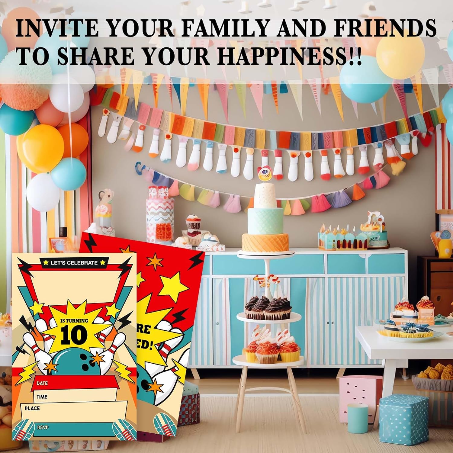 Retro Bowling Birthday Invitations 20pcs with Envelopes