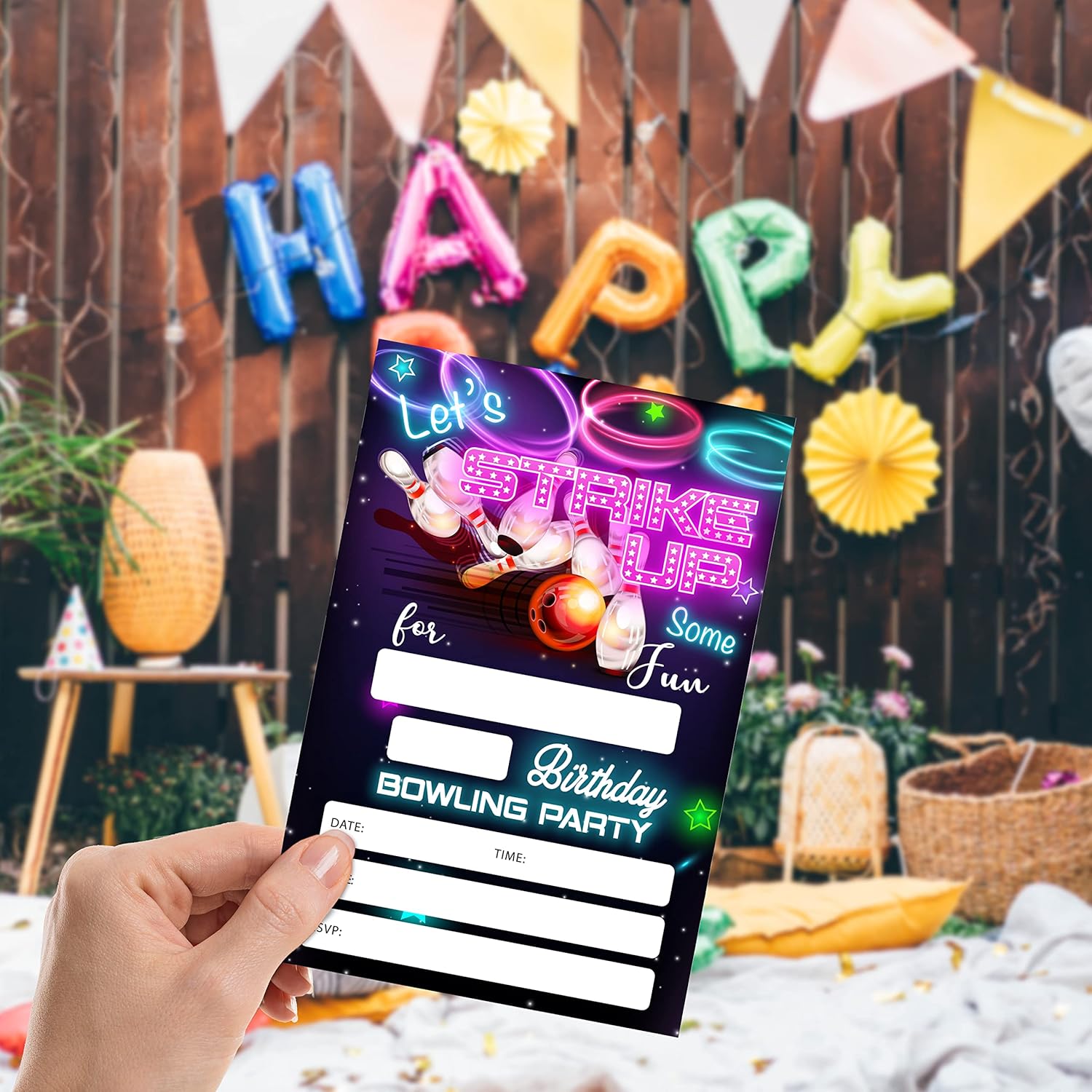 Neon Glow Bowling Birthday Invitations - Pack of 20 Cards with Envelopes