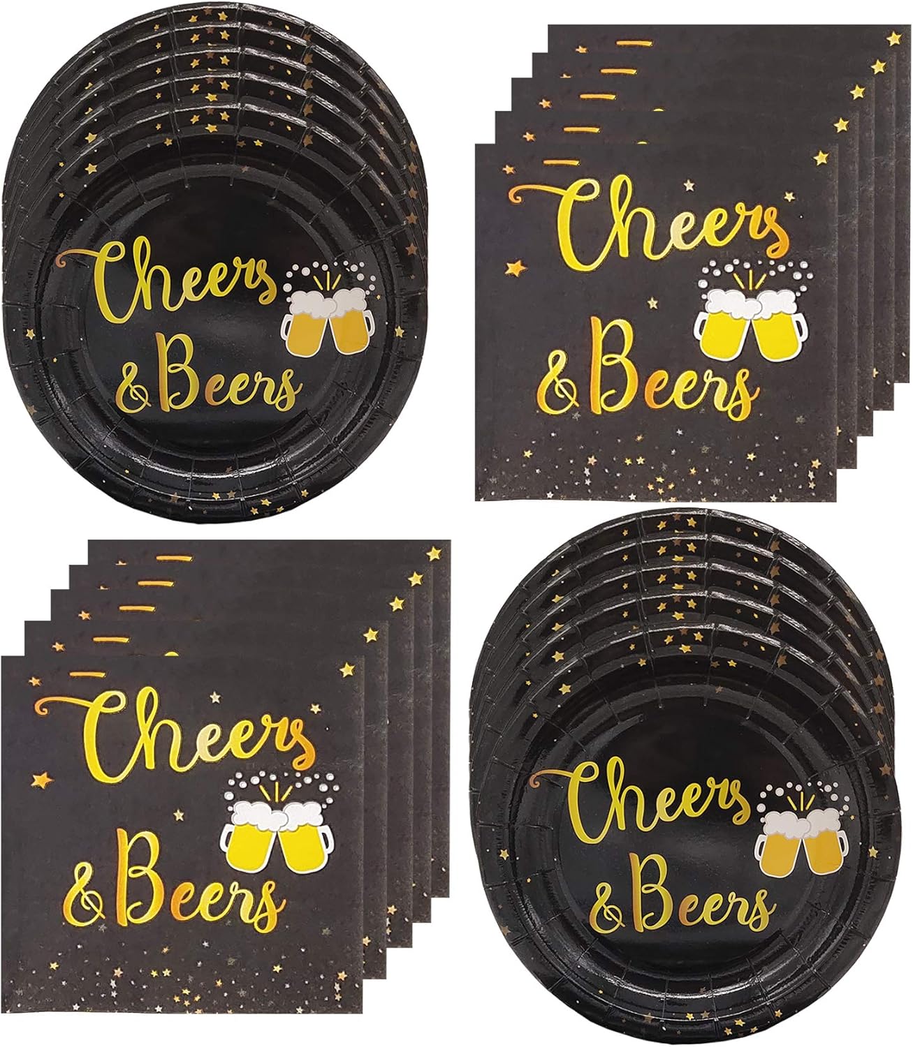 Cheers Beers Birthday Plate Set 16 Pcs Black Gold
