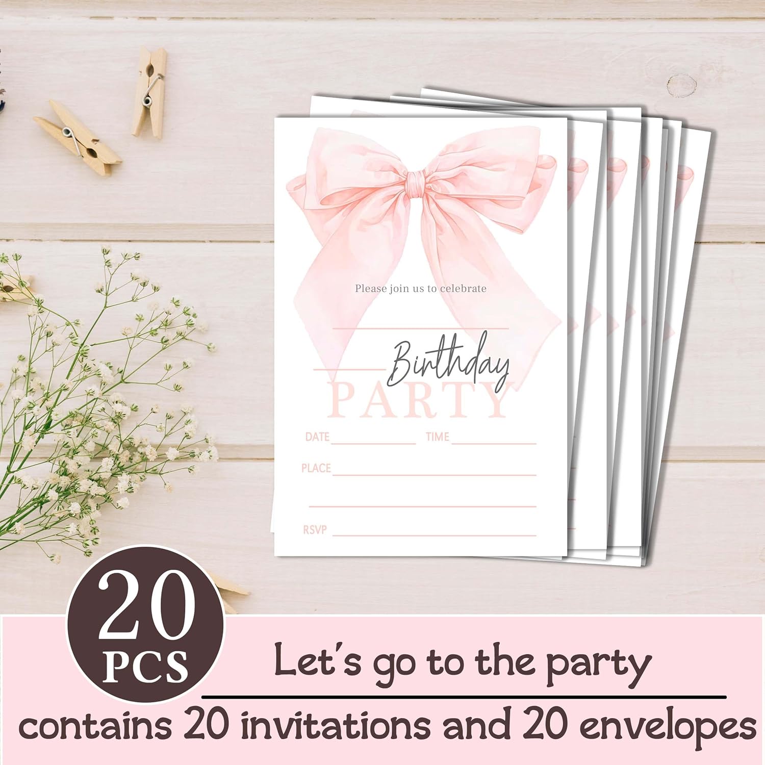 20 Pink Bow Birthday Invitations with Envelopes