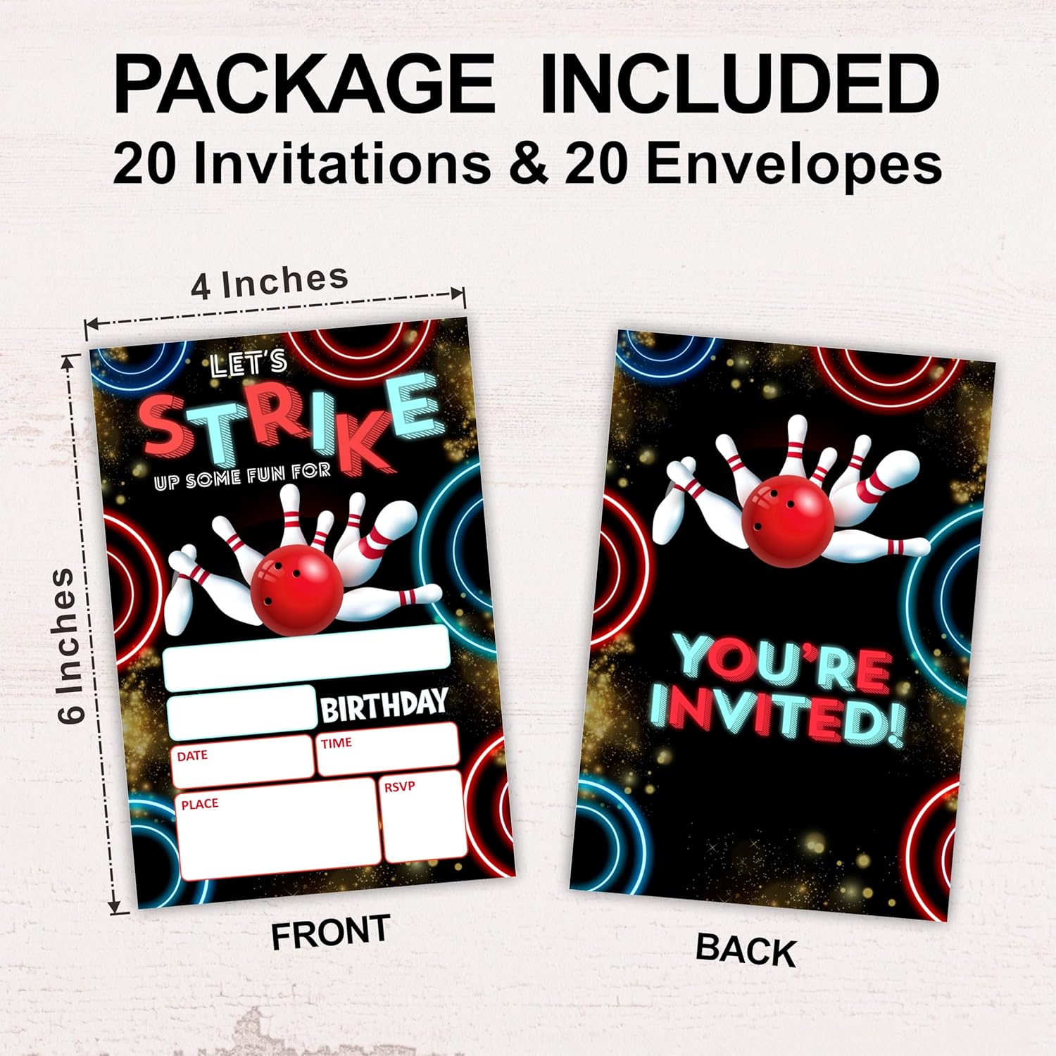 Neon Bowling Birthday Invites Set Of 20 With Envelopes