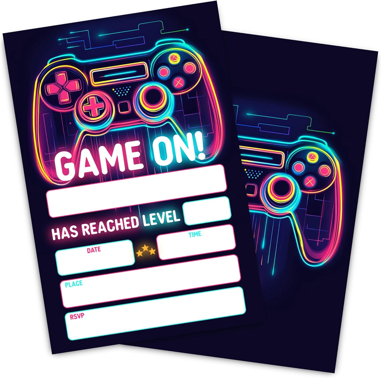 Neon Video Game Birthday Party Invitation Cards Double-Sided 30-Pack with Envelopes