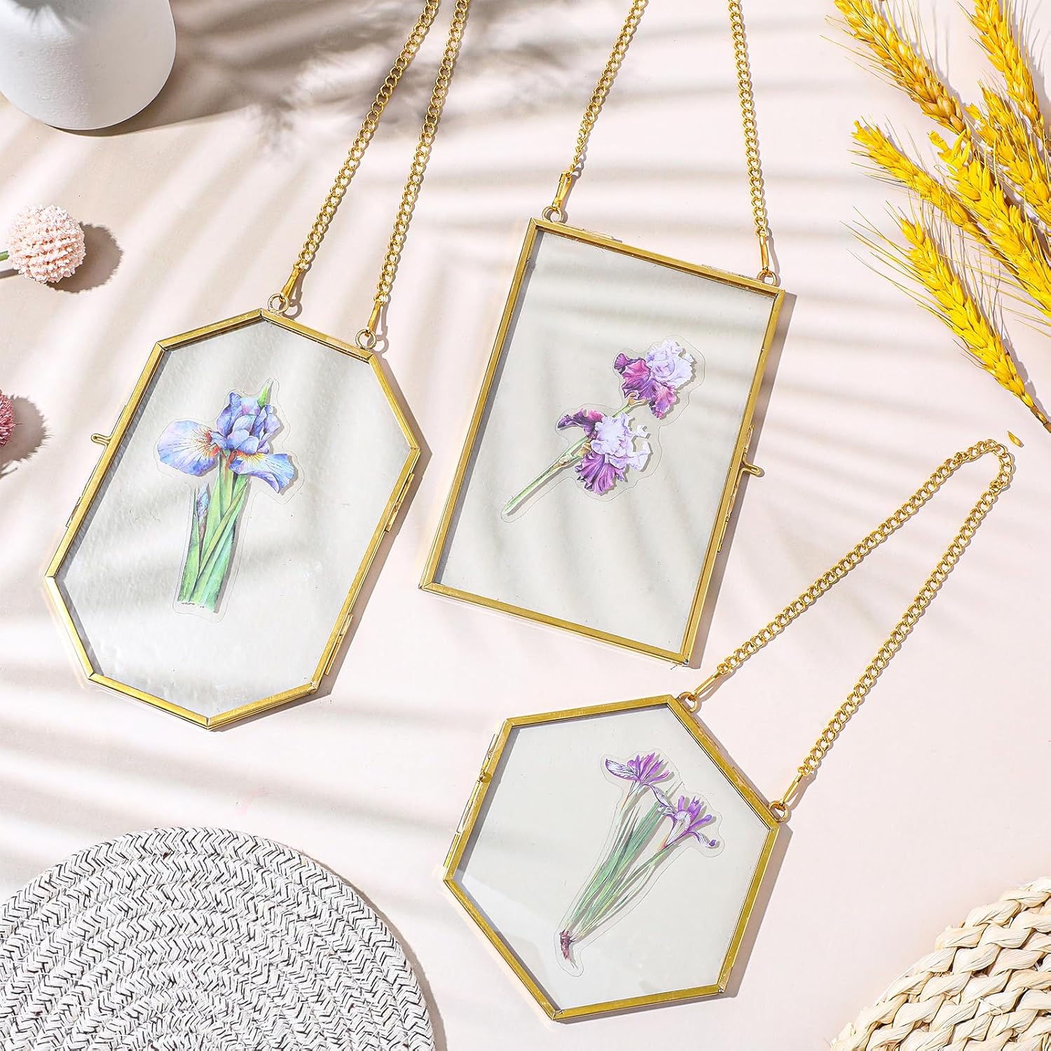 3 Pcs Brass Pressed Flower Frames with Chain