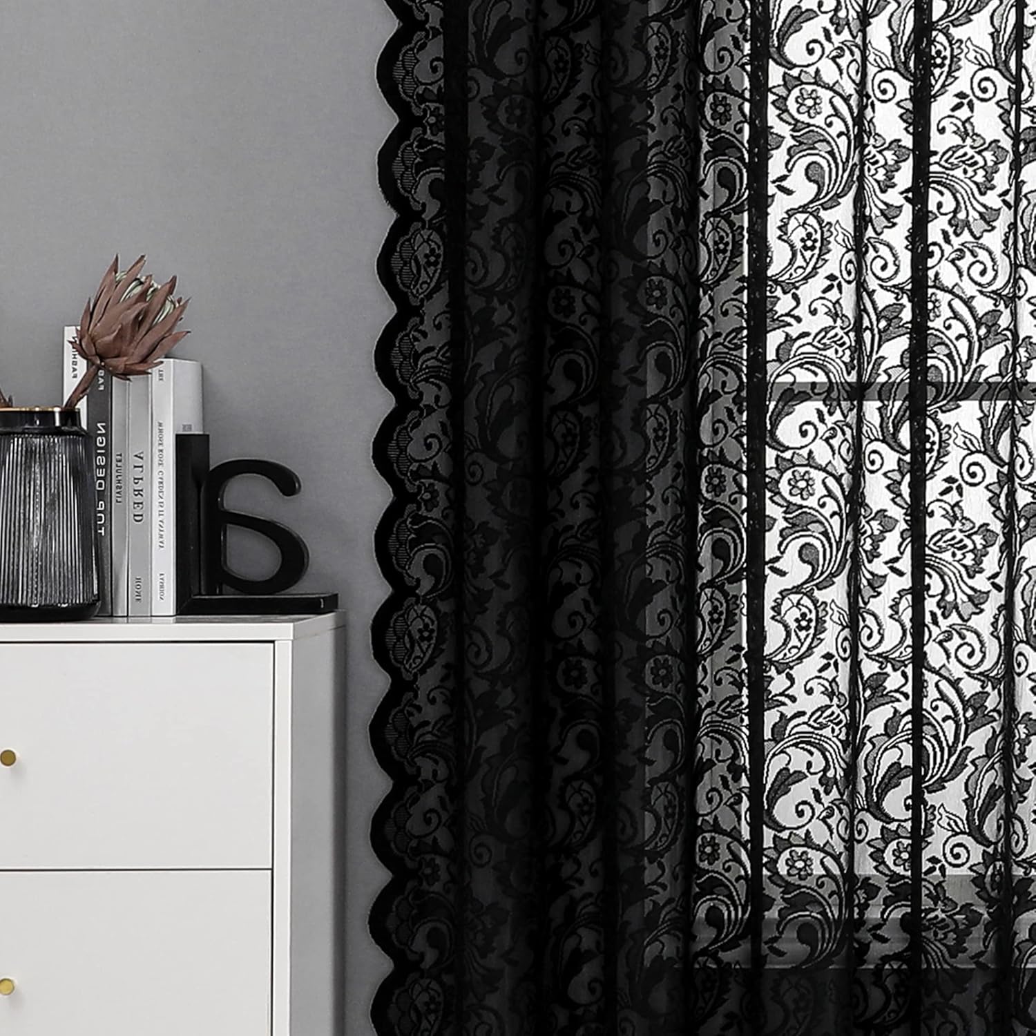 Bujasso Black Lace Curtain 216 Inch Long Panel 52 W