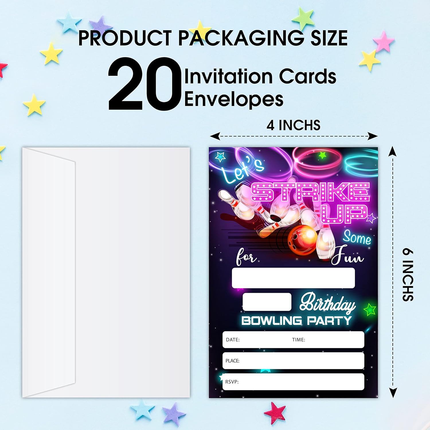 Neon Glow Bowling Birthday Invitations - Pack of 20 Cards with Envelopes