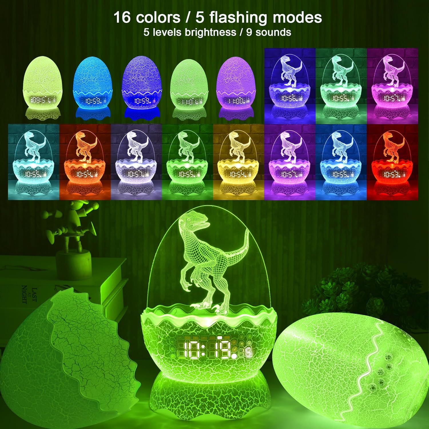 Dinosaur Egg Kids Alarm Clock with Night Light and Lullaby