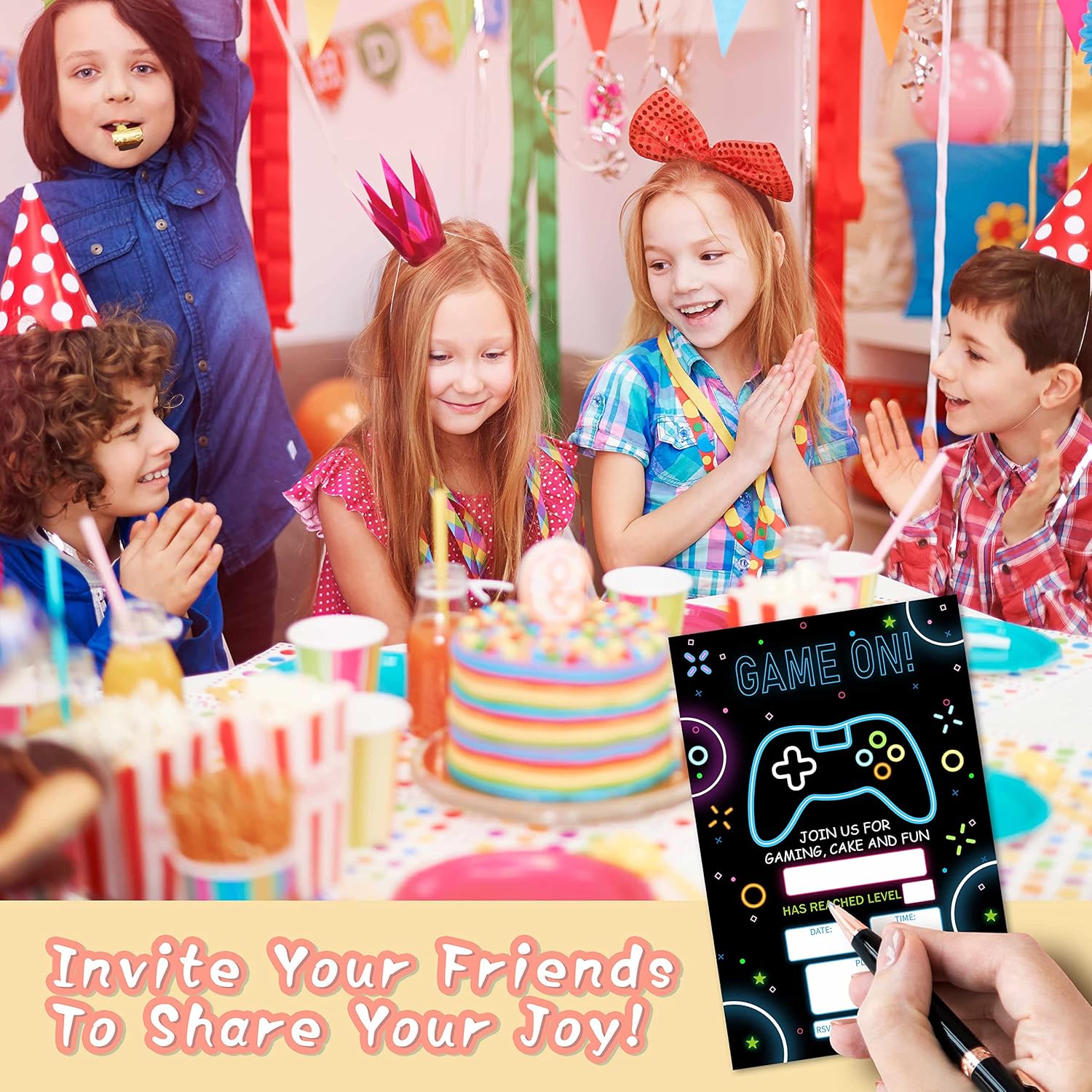 DETIHO 4x6 Video Game Birthday Invitations - 20 Sets - Game On