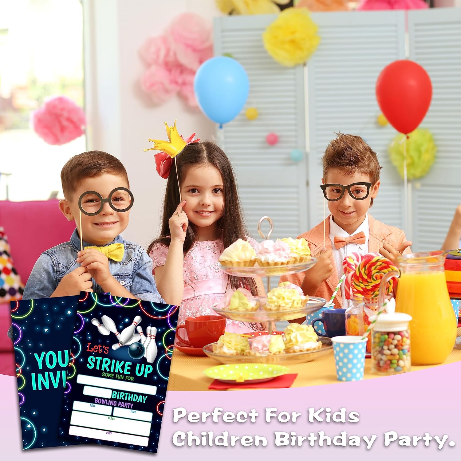 Neon Bowling Birthday Invitations for Boys Girls