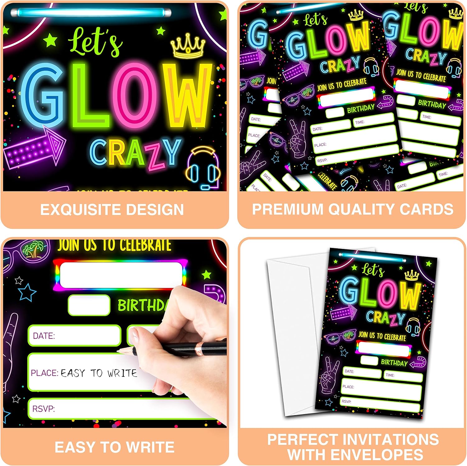Neon Glow Birthday Invites 20 Count with Envelopes