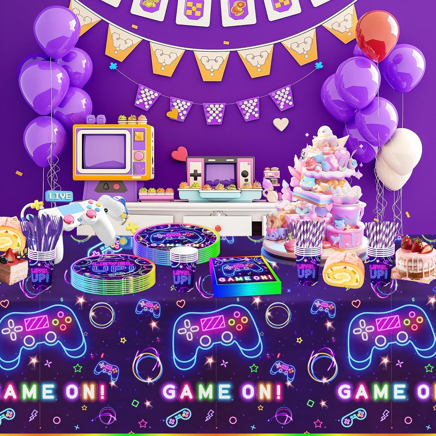 Video Game Birthday Plates Napkins Tableware Set for 24 Guests