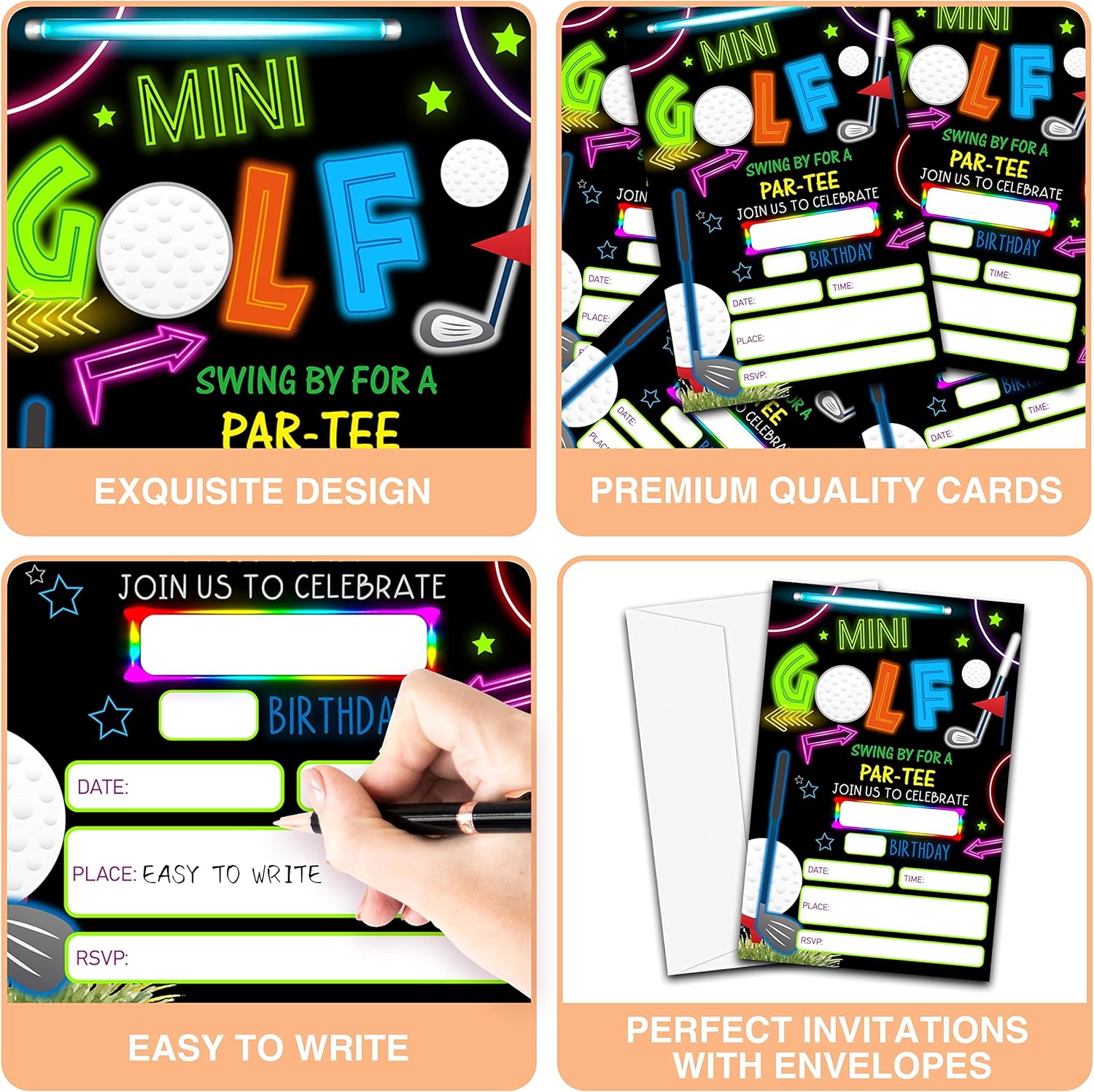 Neon Glow Mini Golf Birthday Invites 20 Count