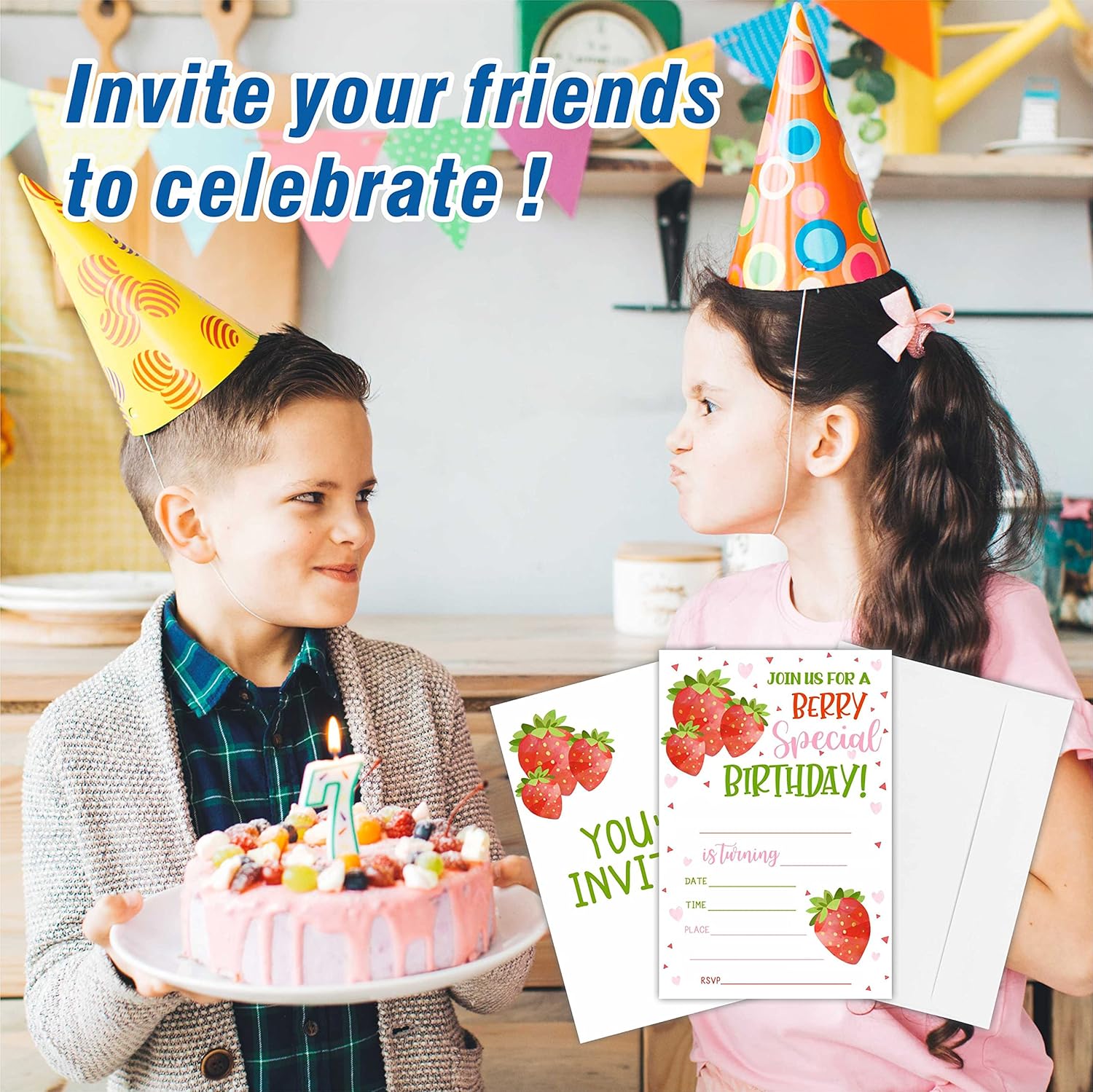 AWSICE Strawberry Birthday Invites 20pc Double-Sided Fill-In Cards