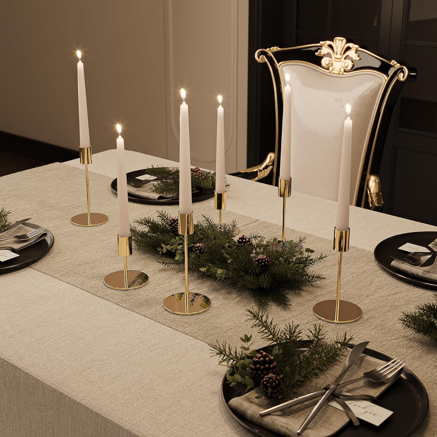 Set of 6 French Gold Taper Candle Holders