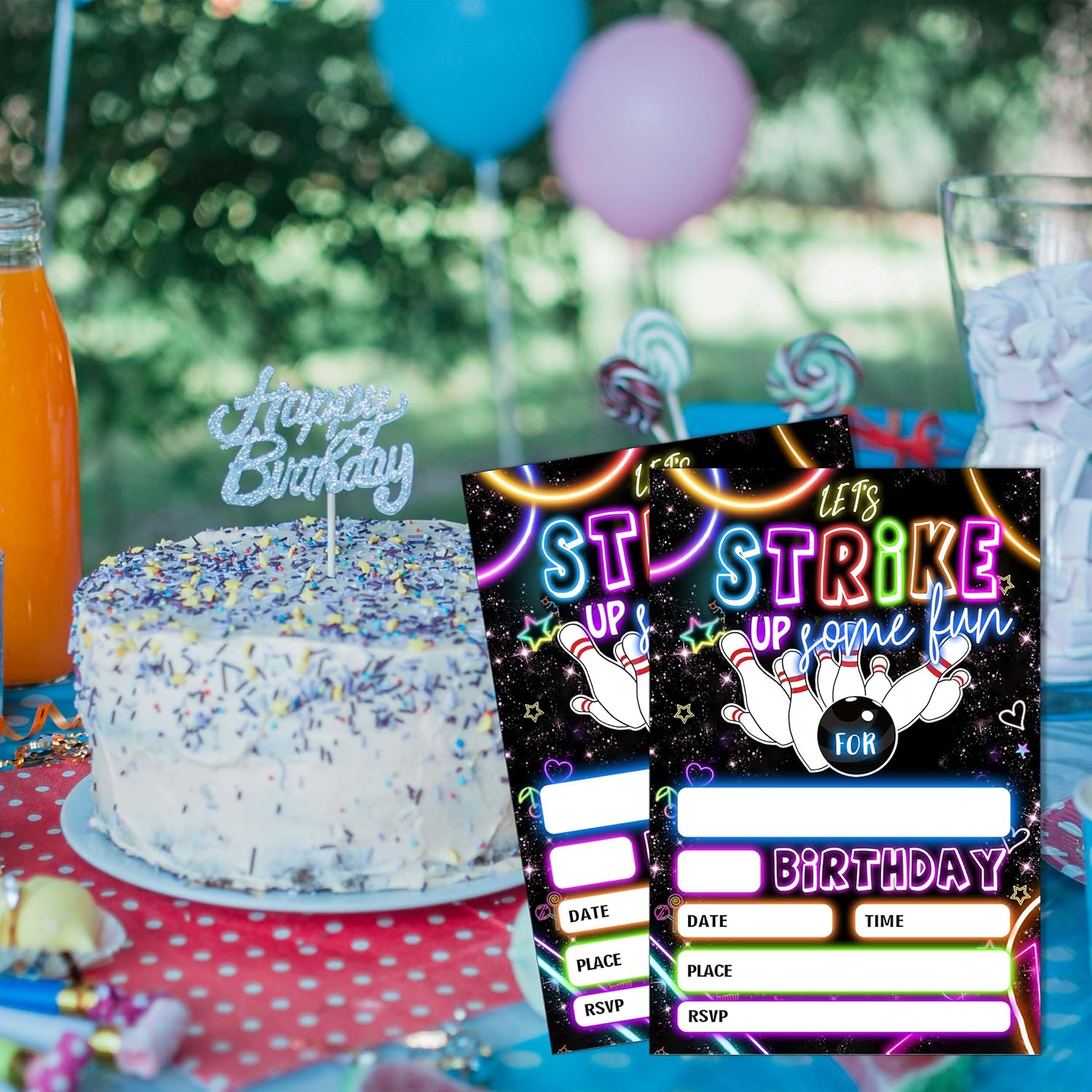 SIXEIGHT Bowling Party Invitations Neon Set 20 with Envelopes