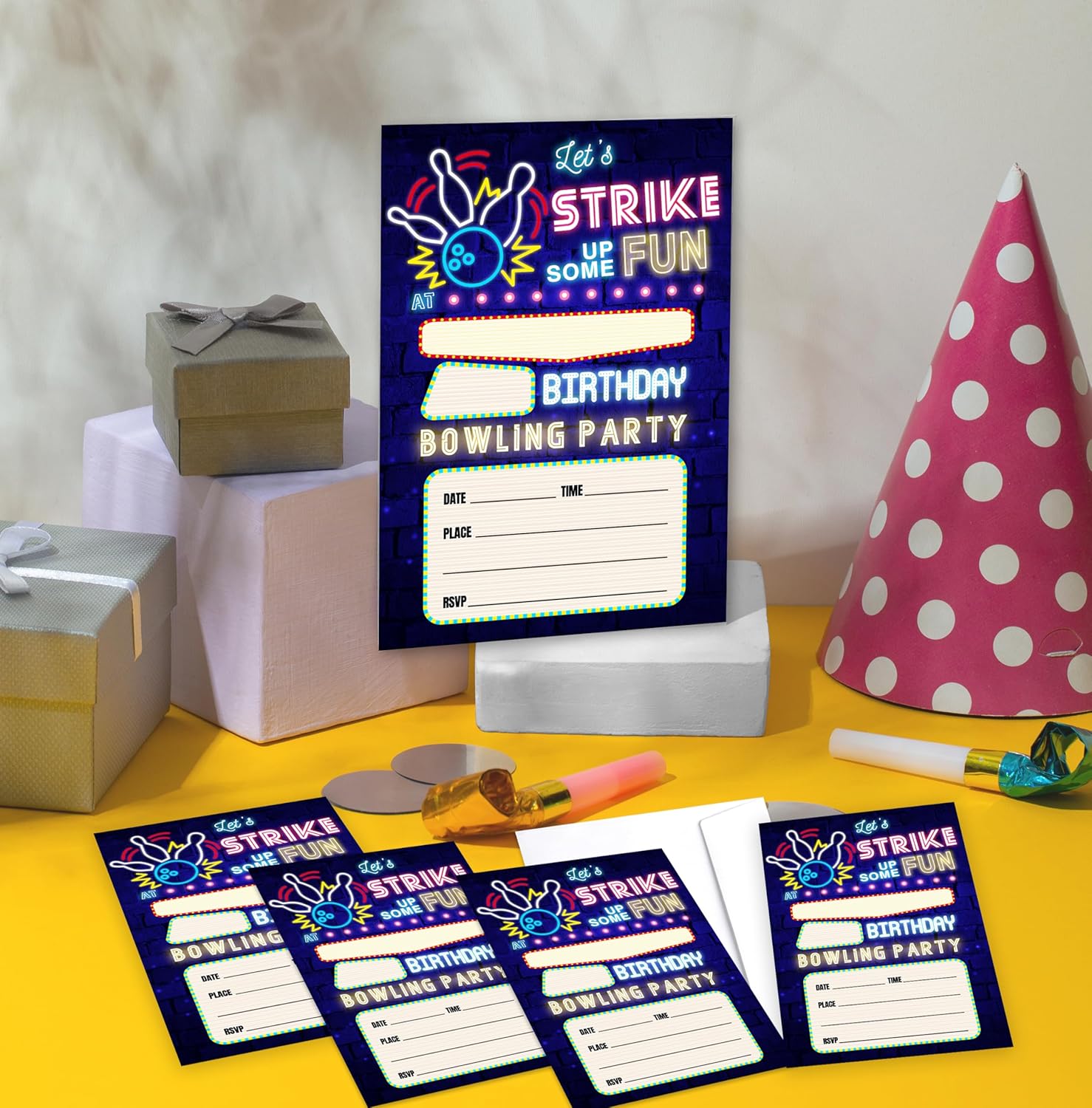 Neon Bowling Birthday Invites For Kids With Envelopes - 14 Designs