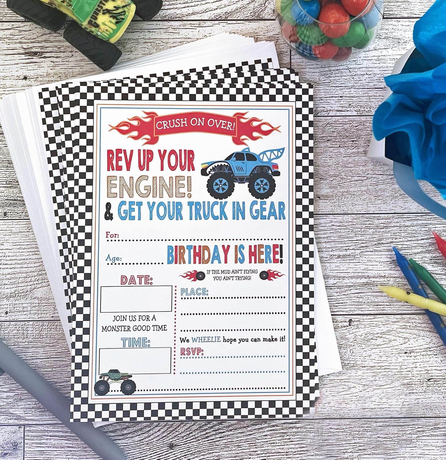 Monster Truck Birthday Invitations Set of 15 with Envelopes