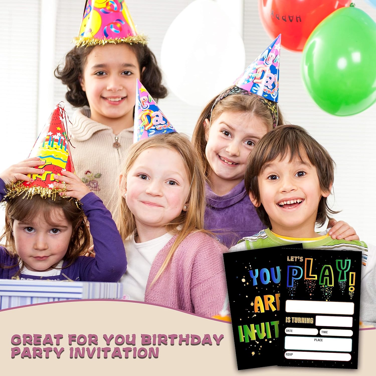 Neon Play Birthday Invitations for Kids 20 Cards with Envelopes