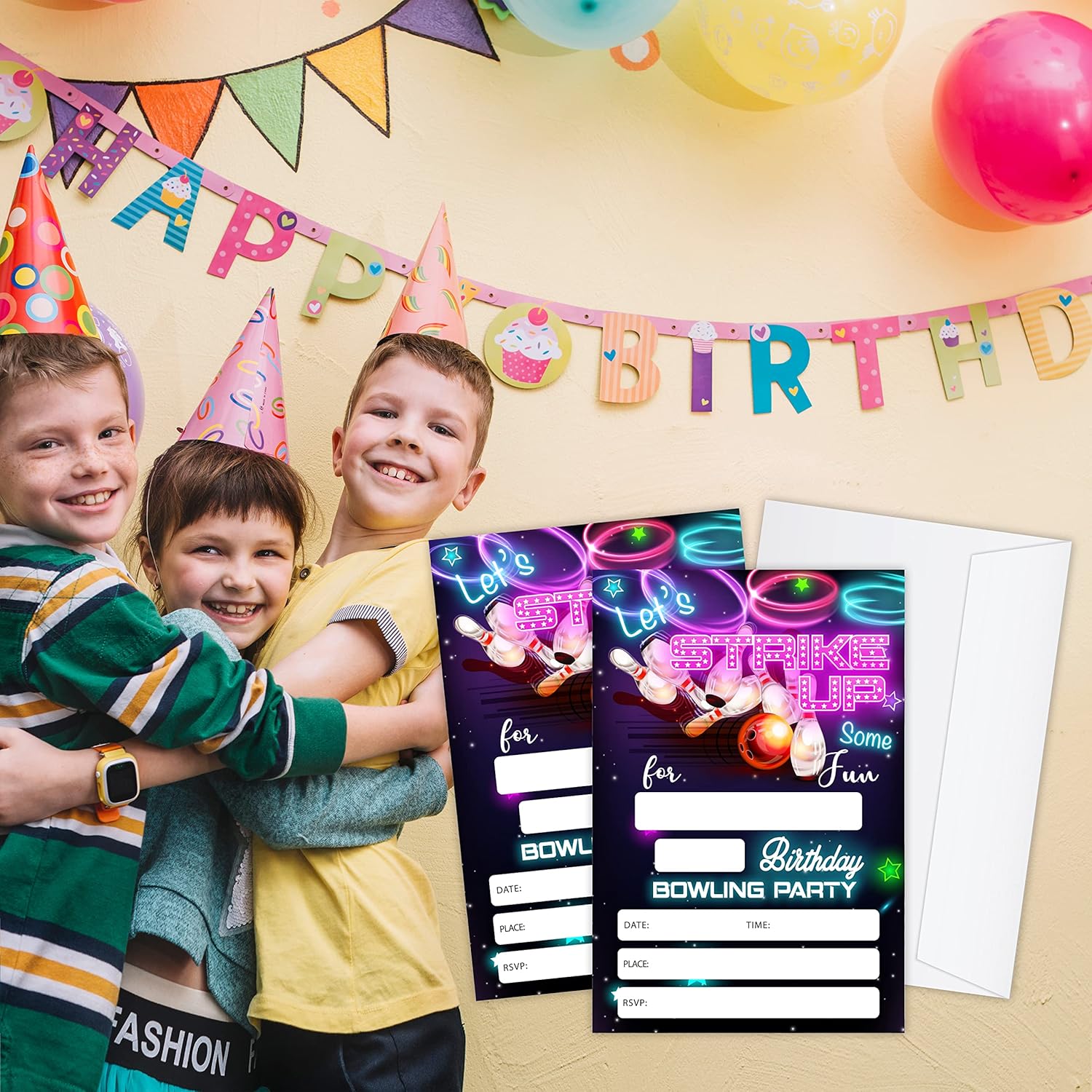 Neon Glow Bowling Birthday Invitations - Pack of 20 Cards with Envelopes
