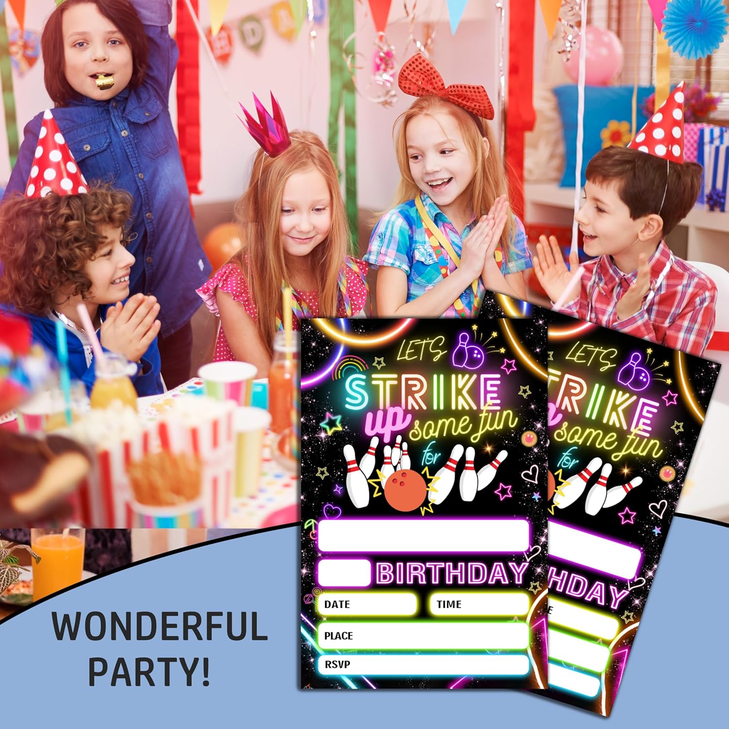 Strike Bowling Neon Birthday Party Invitation with Envelopes 4x6 Inch