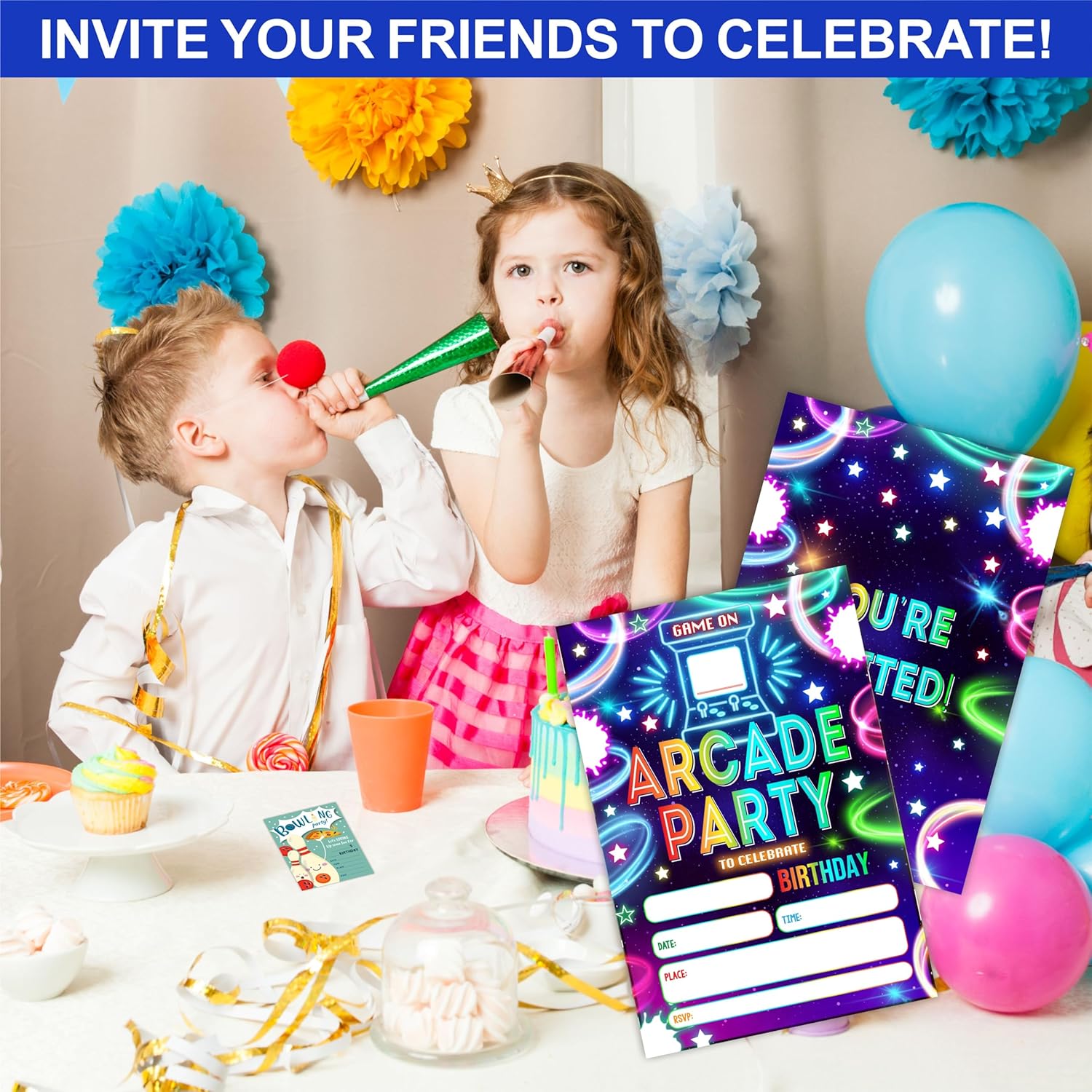 Cudwid Glow Neon Arcade Birthday Invites Cards Set