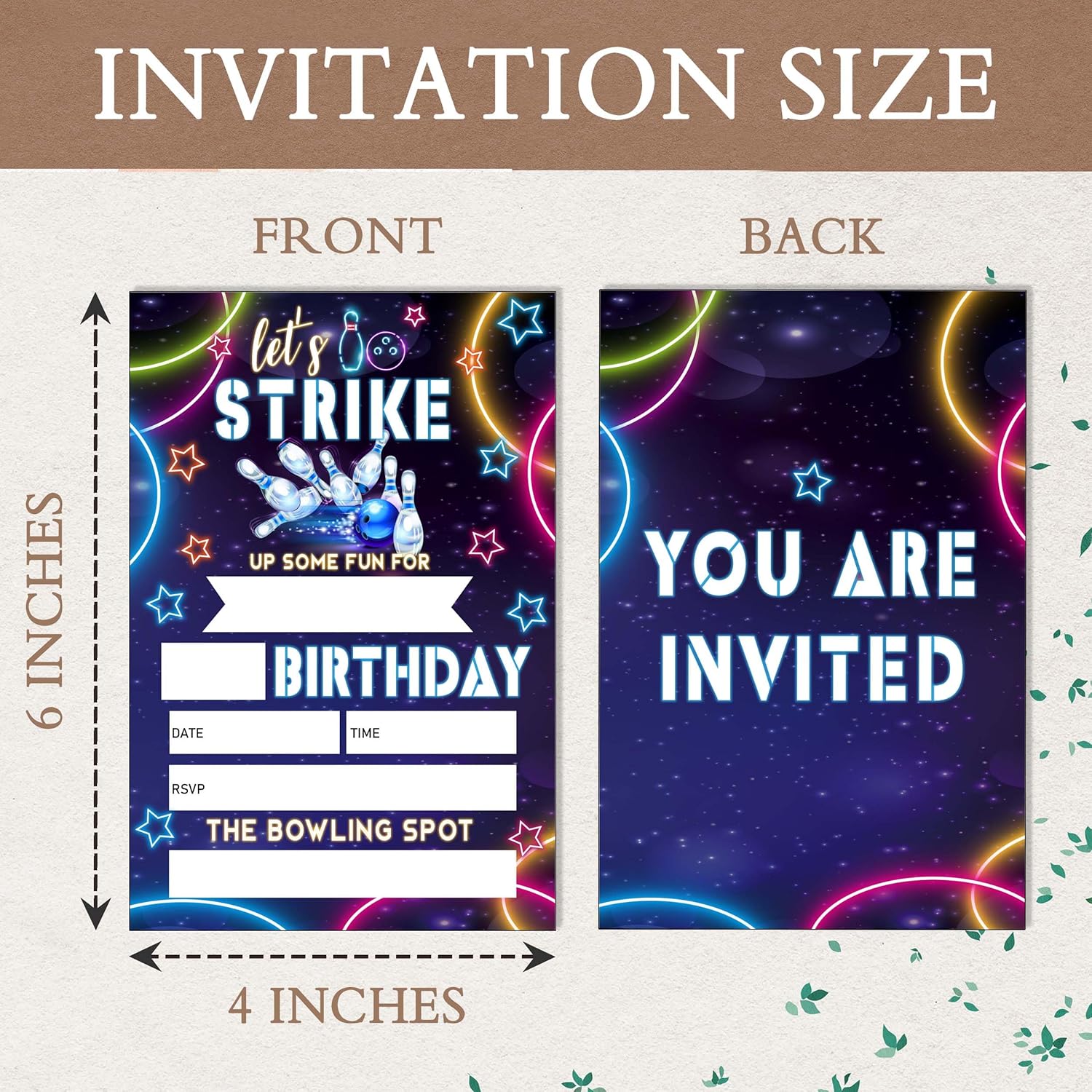 Eronm Neon Bowling Birthday Invitations 20 Pack with Envelopes