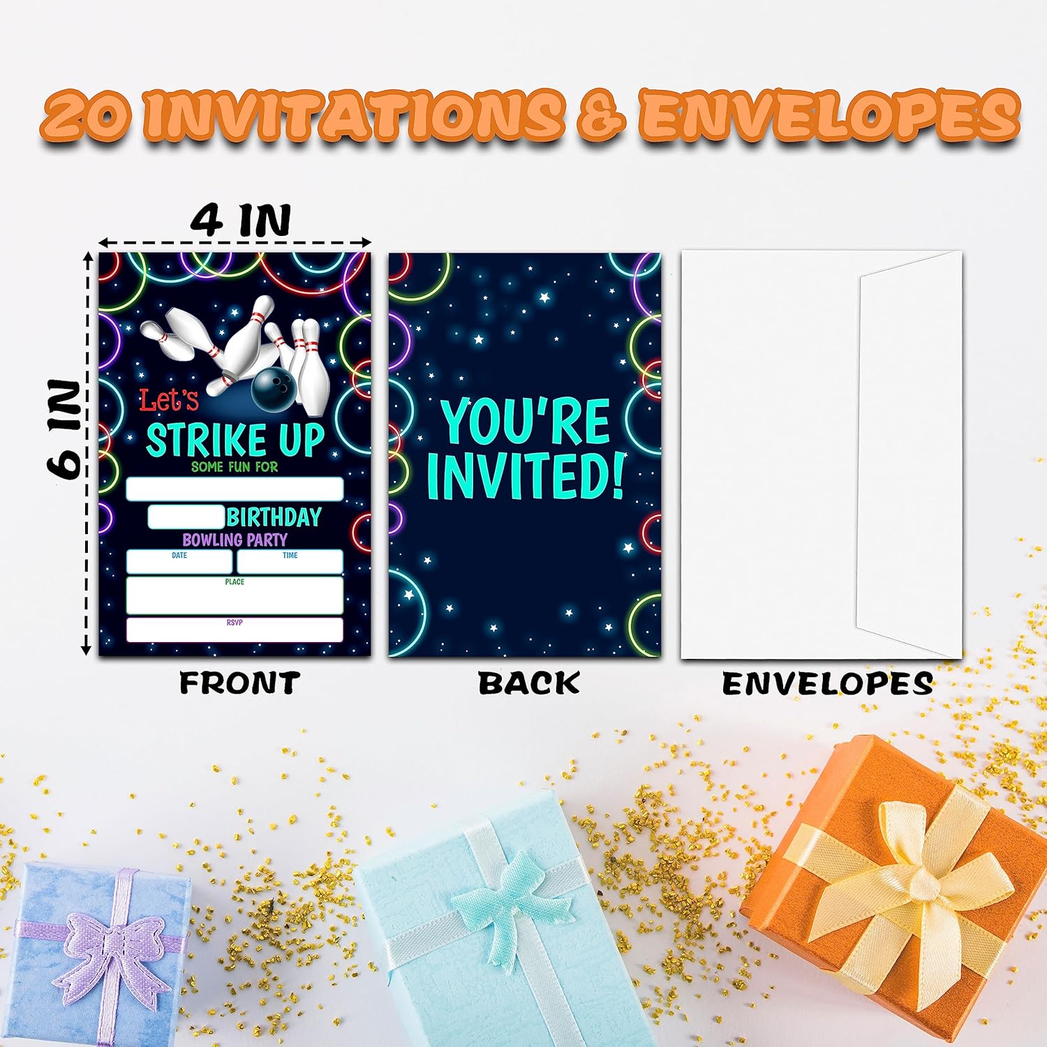 Neon Bowling Birthday Invitations for Boys Girls