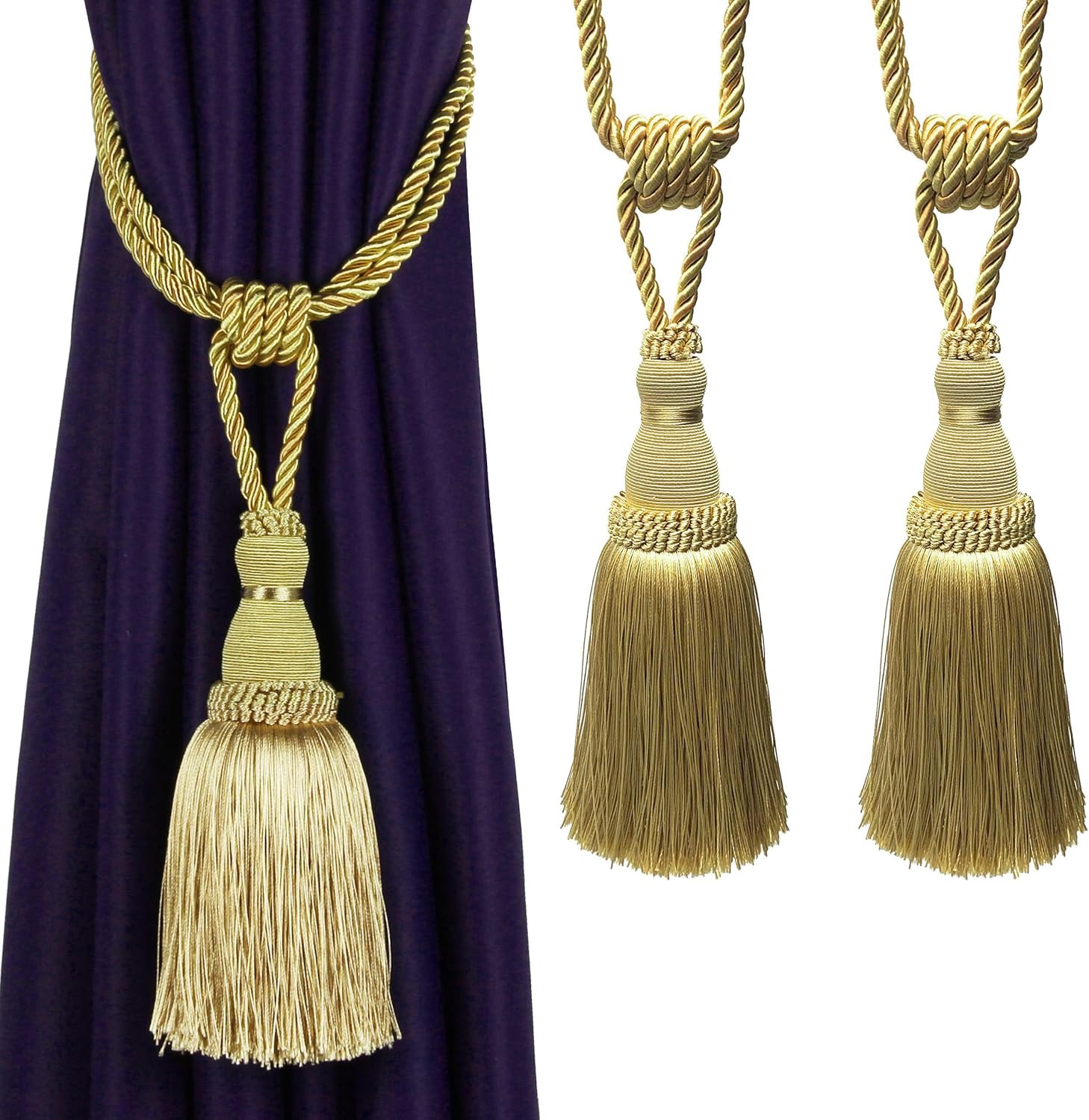 BEL AVENIR 2 Pack Gold Curtain Tiebacks with Tassels