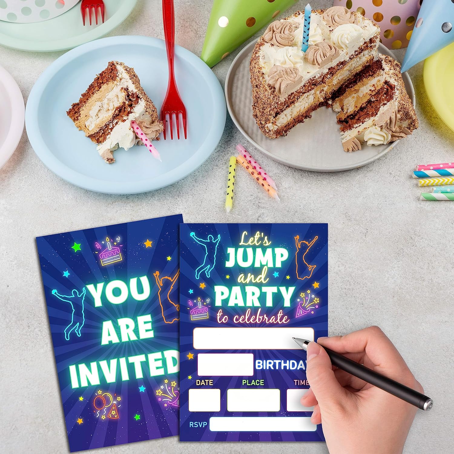 Neon Trampoline Jump Birthday Invitations For Kids