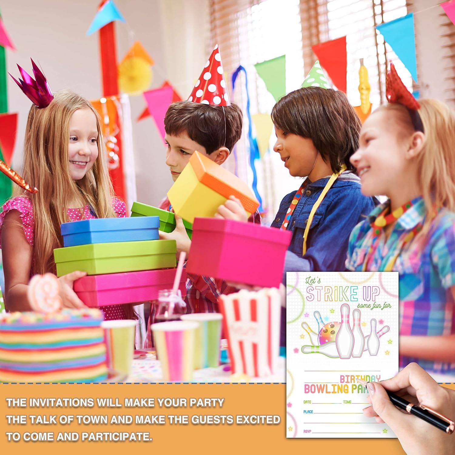 Neon Glow Bowling Birthday Invites 20 Cards with Envelopes