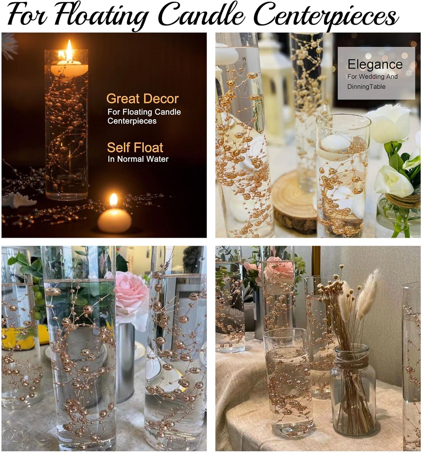 24Pcs Pearl String for Floating Candle Centerpieces Champagne Gold