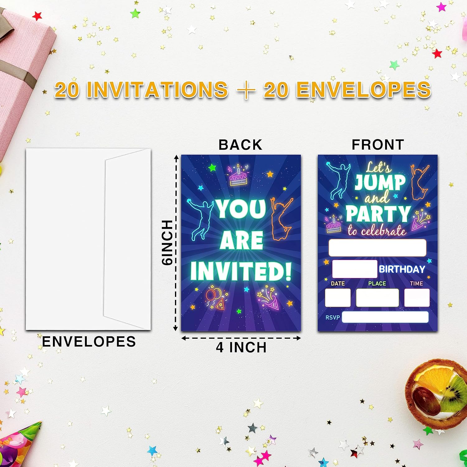 Neon Trampoline Jump Birthday Invitations For Kids